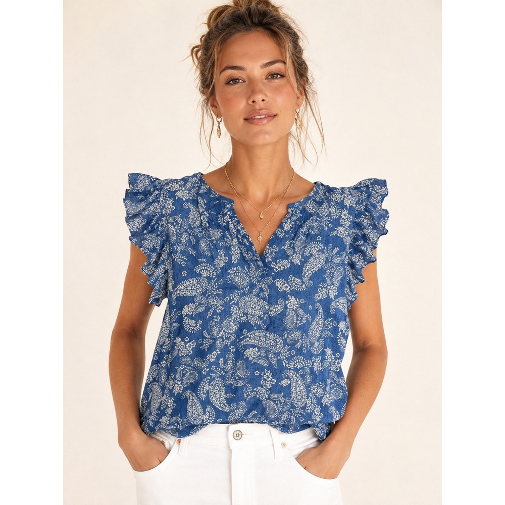 Tommy Hilfiger Blue Paisley Flutter Sleeve V-Neck Top Size XL